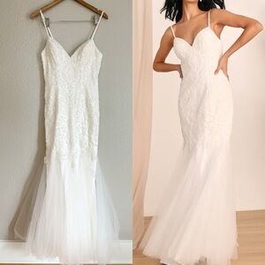 NWOT Dream Romance White Beaded Tulle Trumpet Maxi Dress